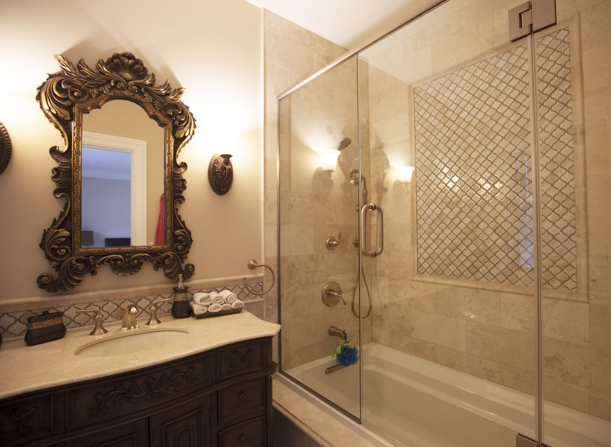 bathroom sink and vanity with shower | GMD Surfaces in Chicagoland and Northwest Indiana