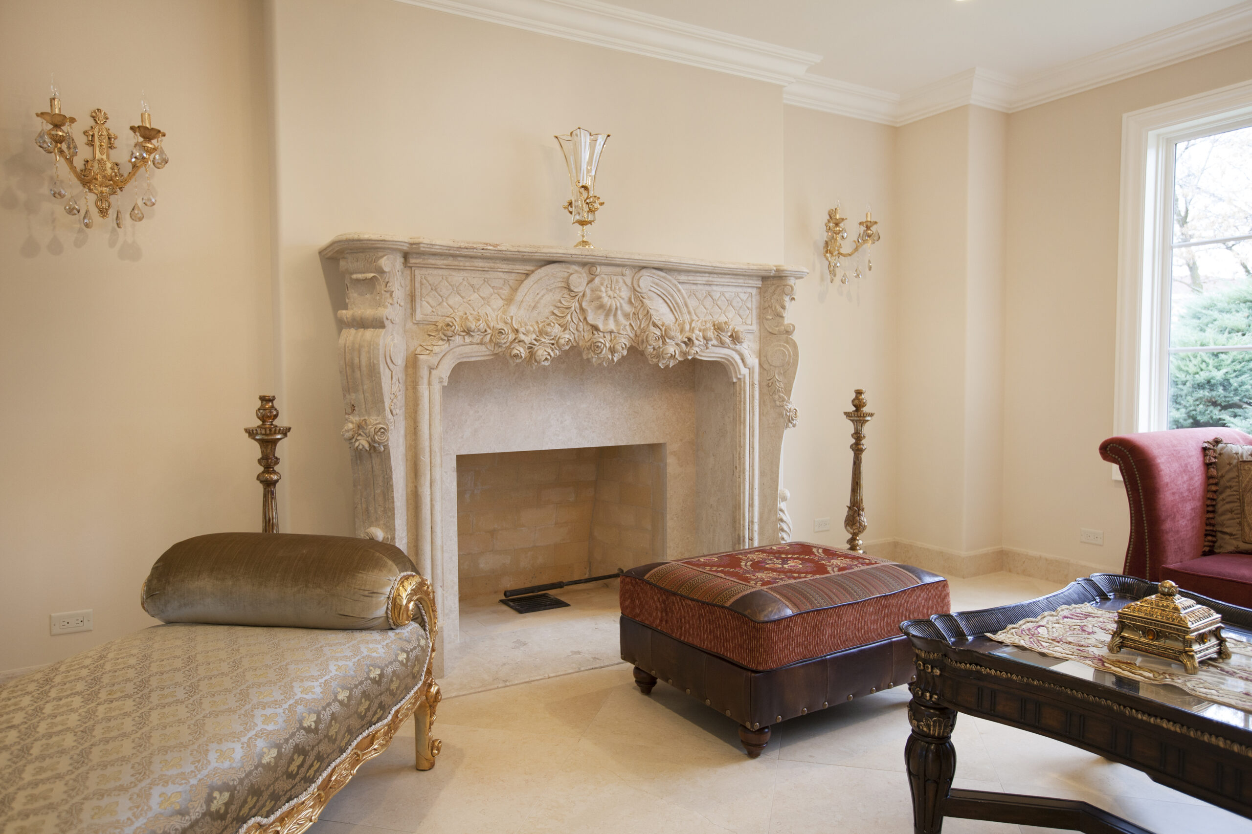 room scene featuring white ornate fireplace with mantel | GMD Surfaces in Chicagoland and Northwest Indiana