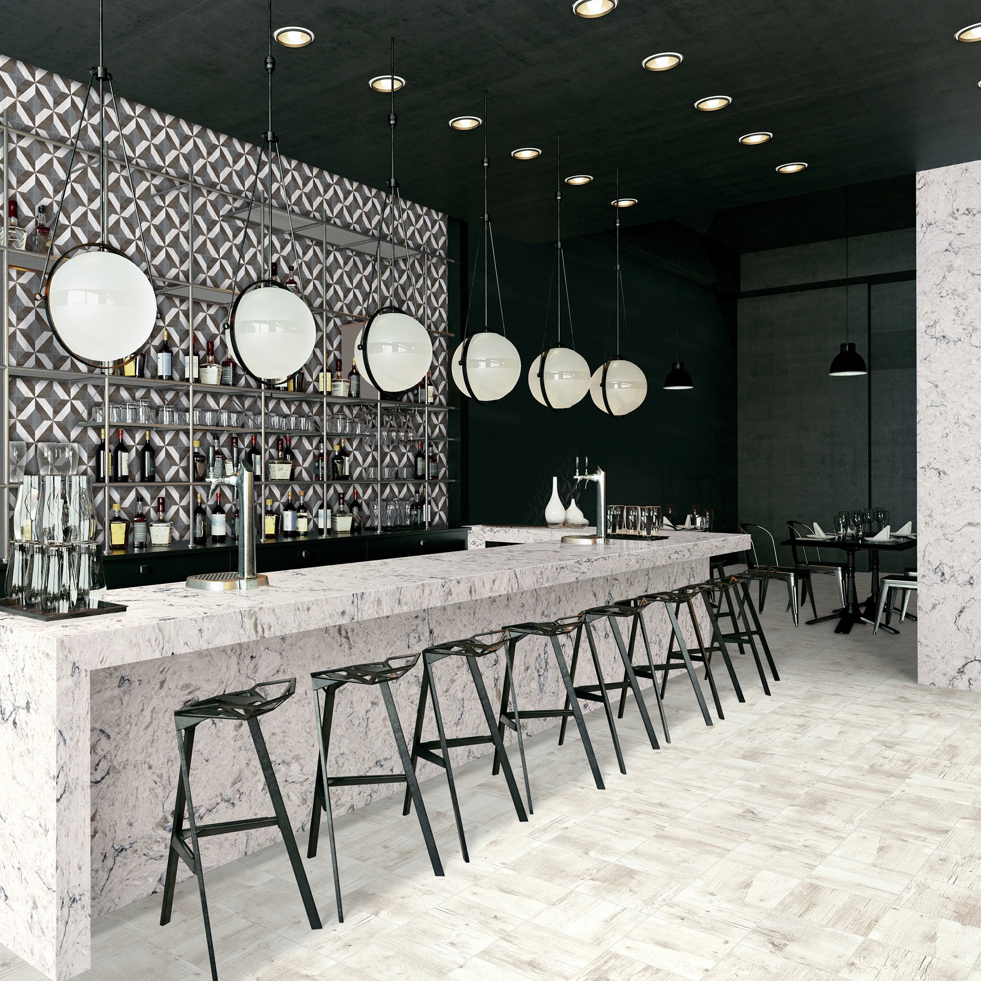black and white bar featuring countertop | GMD Surfaces in Chicagoland and Northwest Indiana