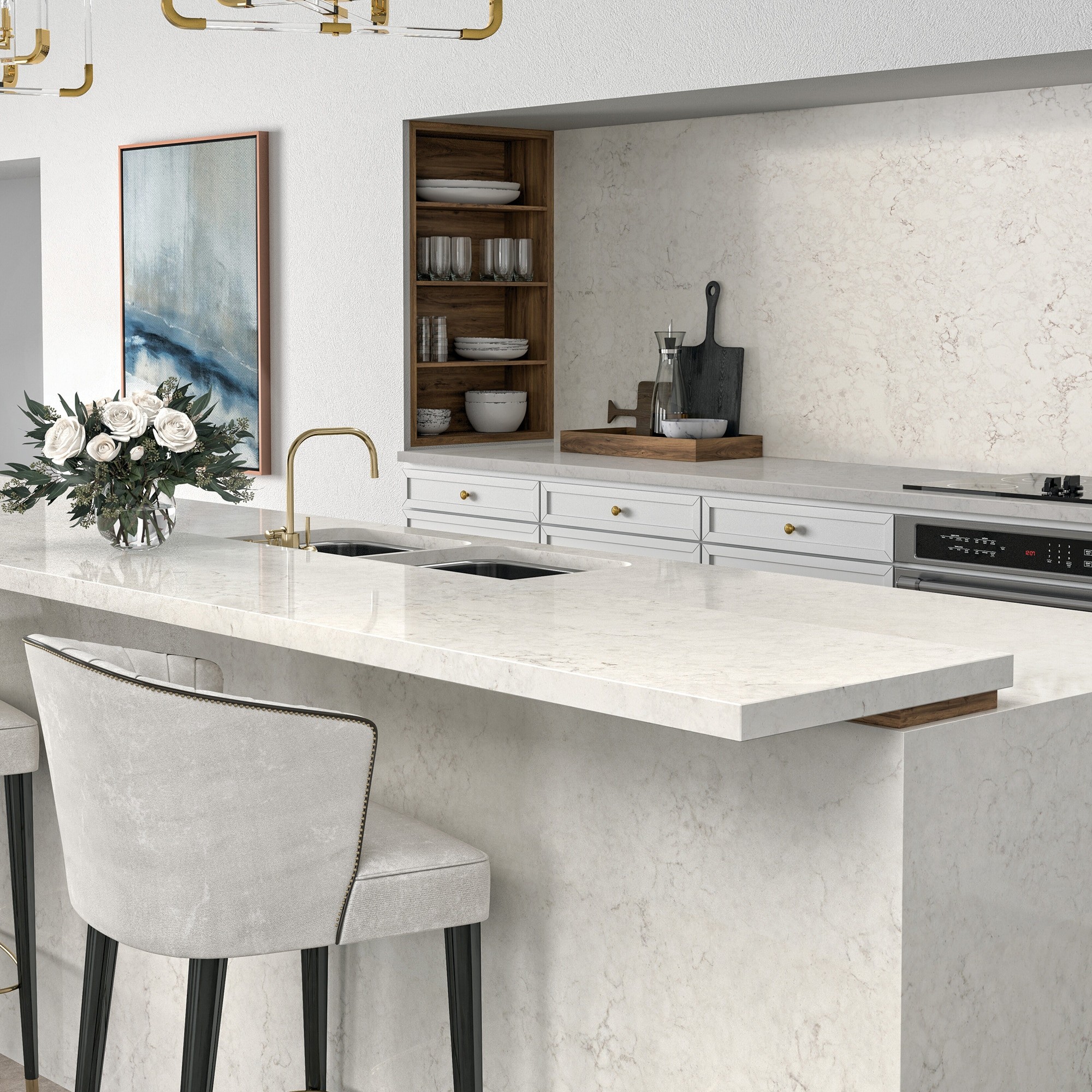 white modern, sleek kitchen with countertop bar around sink | GMD Surfaces in Chicagoland and Northwest Indiana